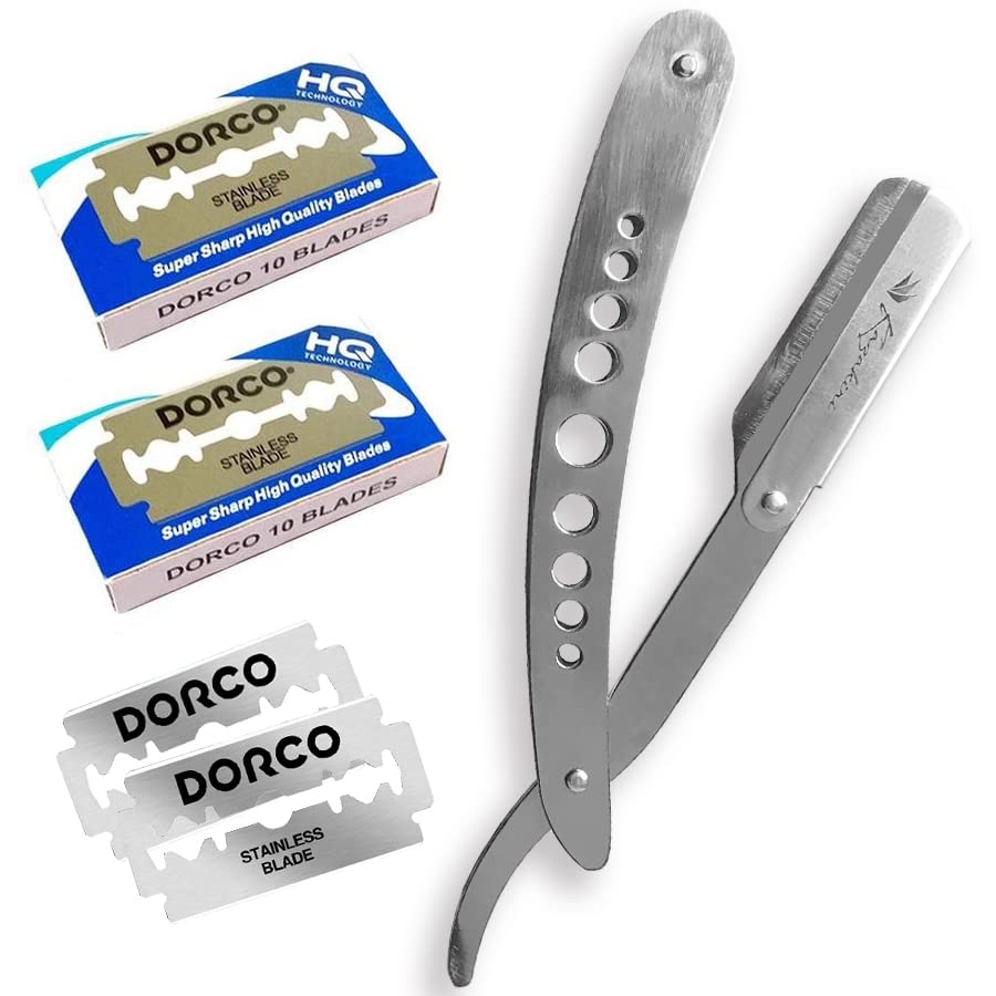 【送料無料】Kazakiri Premium スペースシルバー 本格深剃り カミソリ ストレートレザー 本体+替刃40刃（20枚）付き 西洋剃刀 メンズ