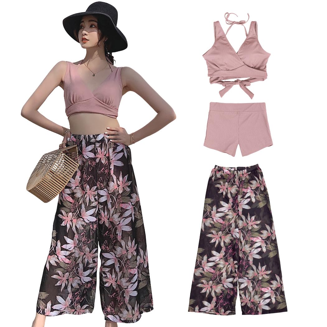 【送料無料】 水着 レディース 体型カバー タンキニ Vネック ビキニ ワイドパンツ 3点セット hys2318 色：ピンク、サイズ：L