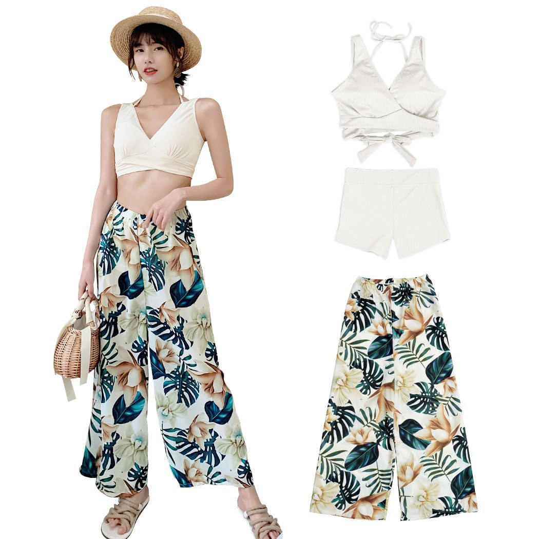 【送料無料】 水着 レディース 体型カバー タンキニ Vネック ビキニ ワイドパンツ 3点セット hys2318 色：ホワイト×ボタニカル、サイズ：M