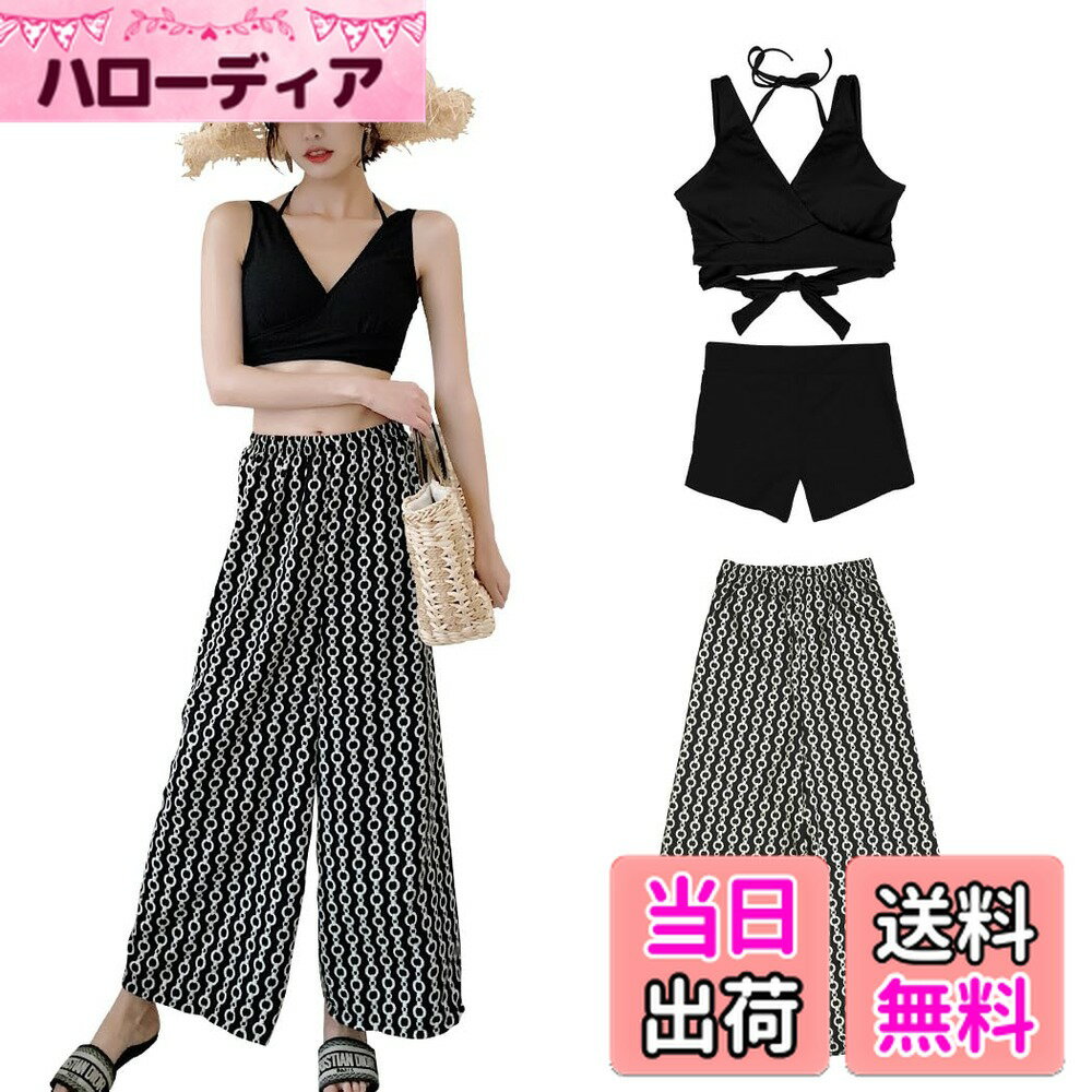 【送料無料】 水着 レディース 体型カバー タンキニ Vネック ビキニ ワイドパンツ 3点セット hys2318 色：ブラック×チェーン、サイズ：2XL