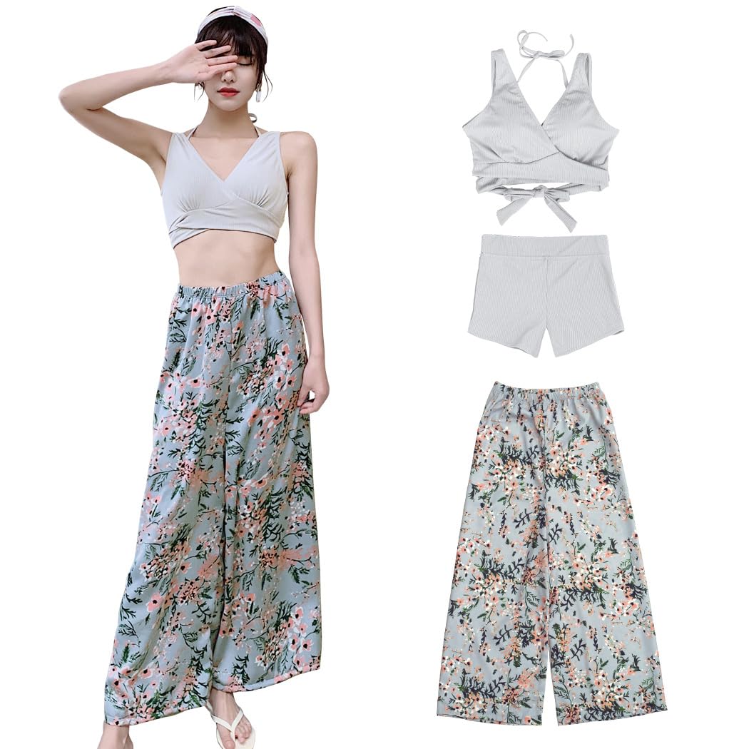 【送料無料】 水着 レディース 体型カバー タンキニ Vネック ビキニ ワイドパンツ 3点セット hys2318 色：グレー×フラワー、サイズ：XL