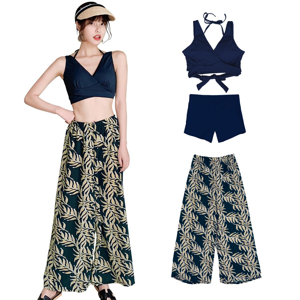 【送料無料】 水着 レディース 体型カバー タンキニ Vネック ビキニ ワイドパンツ 3点セット hys2318 色：ネイビー×リーフ、サイズ：2XL
