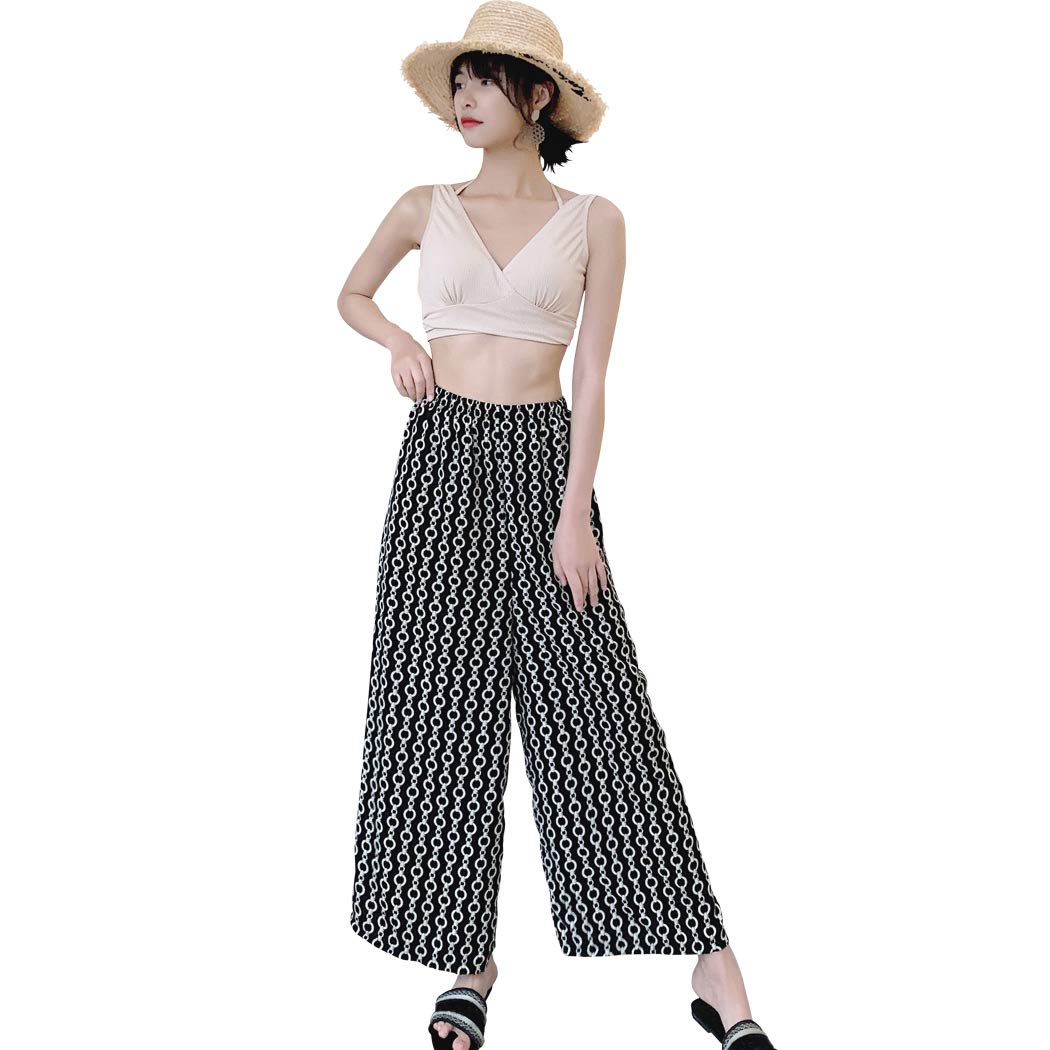 【送料無料】 水着 レディース 体型カバー タンキニ Vネック ビキニ ワイドパンツ 3点セット hys2318 色：ベージュ×チェーン、サイズ：L