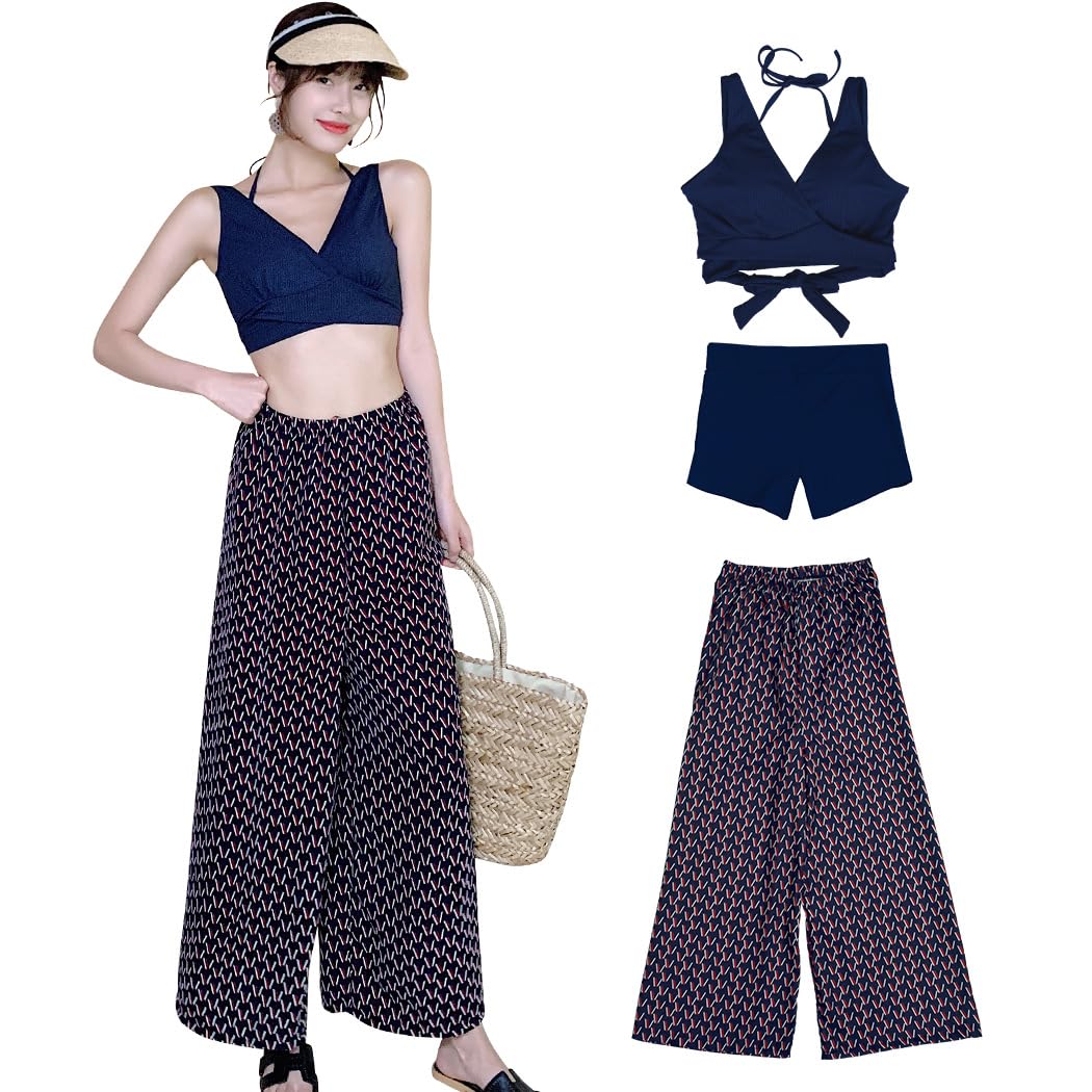 【送料無料】 水着 レディース 体型カバー タンキニ Vネック ビキニ ワイドパンツ 3点セット hys2318 色：ネイビー、サイズ：2XL