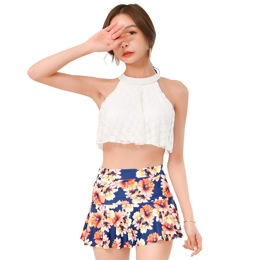 【送料無料】 水着 レディース ハイネック ビキニ 体型カバー スカート 2点セット レース 無地 モノトーン バックシャン hys1723 色：K：ホワイト×イエローフラワー、サイズ：L