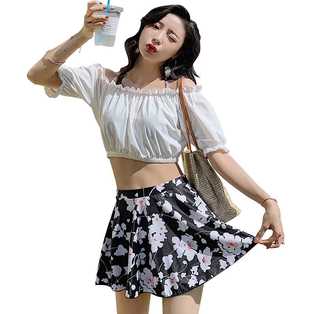 【送料無料】 水着 レディース ビキニ オフショルダー スカート ショートパンツ 4点セット ワイヤー入..