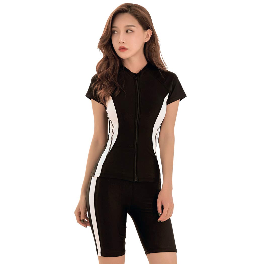 【送料無料】 フィットネス 水着 レディース セパレート 半袖ラッシュガード 水泳帽子 3点セット hys2401-C 色：C：ブラック、サイズ：S