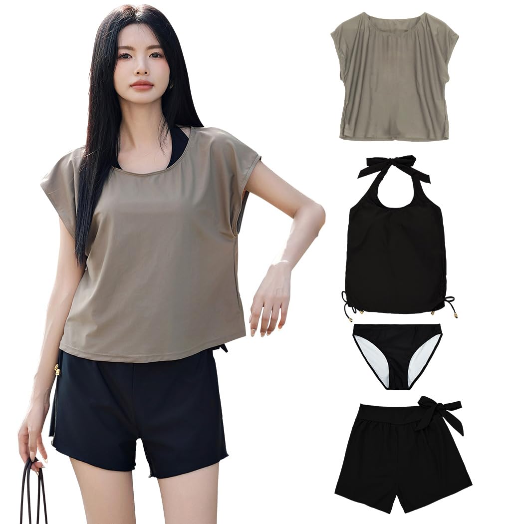 【送料無料】 水着 レディース 体型カバー タンキニ 4点セット 大人 ビキニ タンクトップ ショートパンツ Tシャツ ラッシュガード ママ水着 hys1618 色：グレージュ×ブラック、サイズ：S(7号)