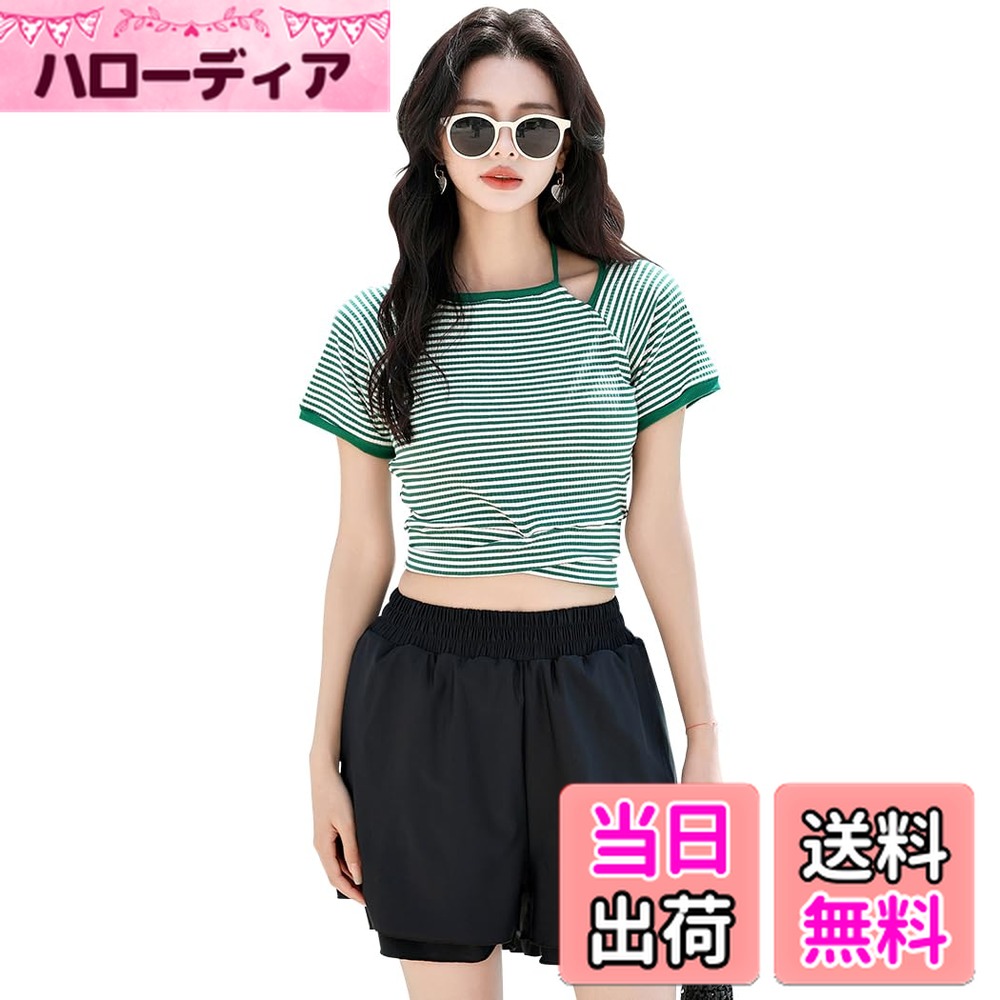 【送料無料】 水着 レディース 体型カバー 上下セット 半袖 ブラ一体型トップス リブ生地2重ショートパンツ hys3079 色：グリーン/ブラック、サイズ：L