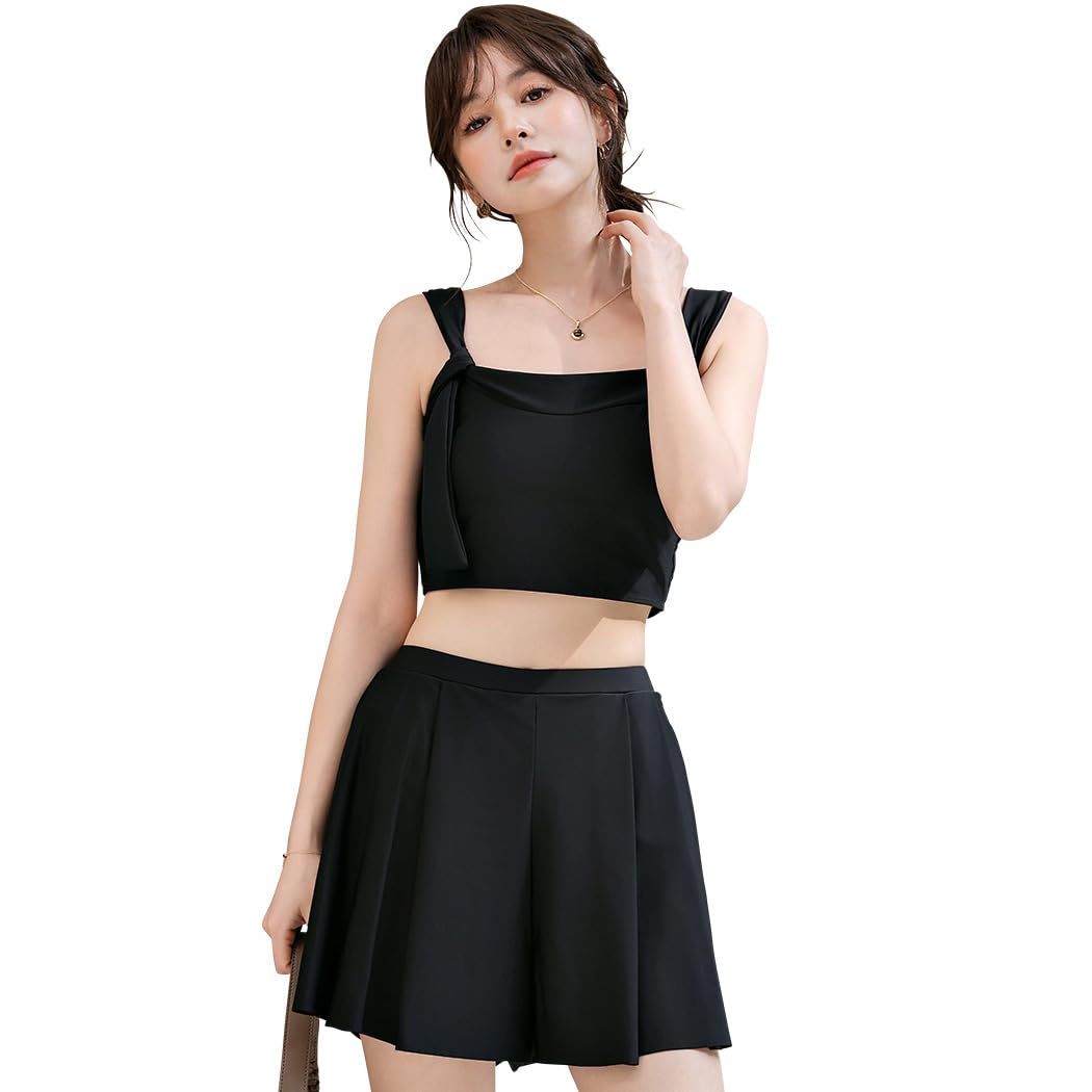 【送料無料】 水着 レディース ビキニ 2点セット キャミキニ ハイウエスト プリーツ フレア ショーツ一体型短パン hys3198 色：ブラック、サイズ：M