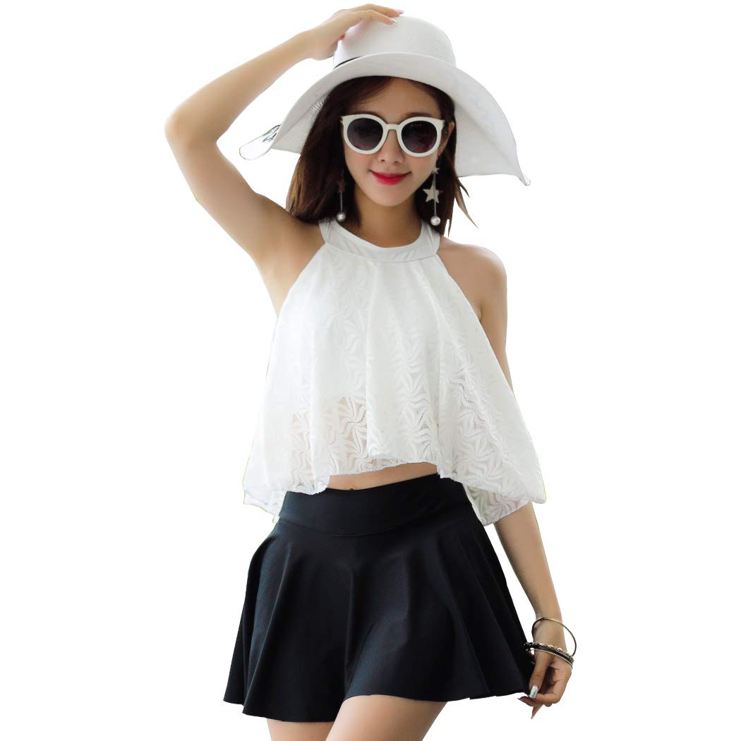 【送料無料】 水着 レディース ハイネック ビキニ 体型カバー 2点セット フレア レース カバーアップ 無地 バッククロス 女性用 hys1468 色：ホワイト、サイズ：M