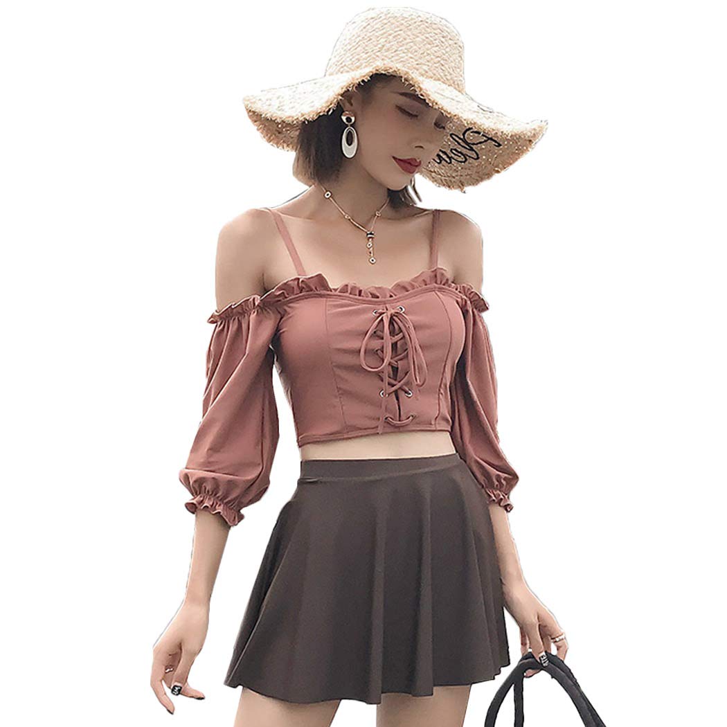 【送料無料】 水着 レディース オフショルダー フリル レースアップ ビキニ スカート 短パン 3点セット..