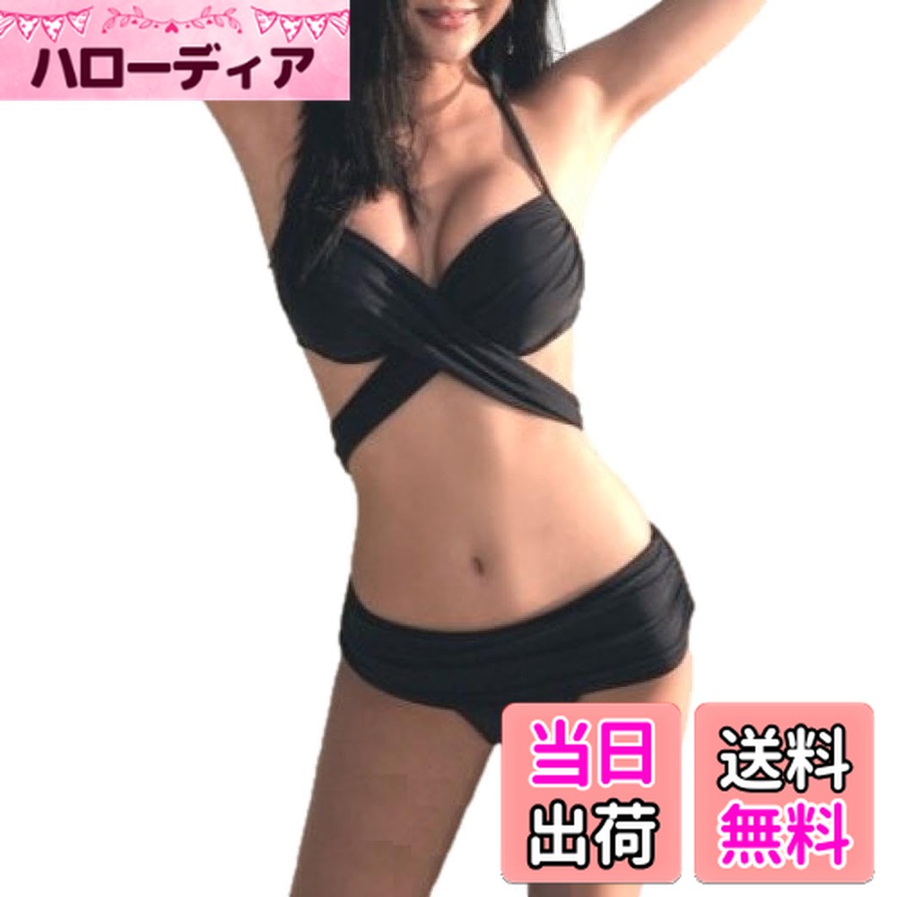 【送料無料】 CD7 イレネ ビキニ セット 水着 ホルターネック クロス カシュクール スイムドレス ハイウエスト パッド入り ワイヤーあり レディース 色：ブラック、サイズ：M