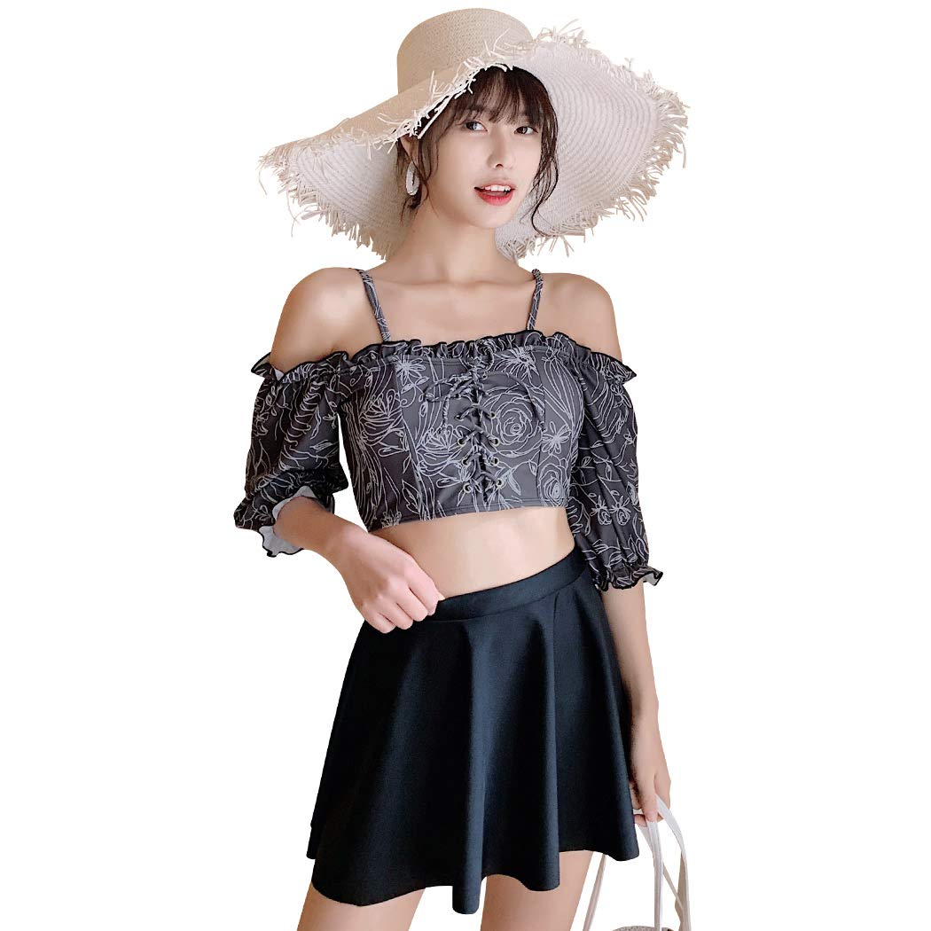 【送料無料】 水着 レディース オフショルダー フリル レースアップ ビキニ スカート 短パン 3点セット hys2198 色：グレー/ブラック、サイズ：L