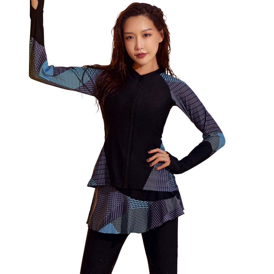 【送料無料】 フィットネス 水着 レディース セパレート 体型カバー 長袖ラッシュガード レギンス 6点上下セット 露出控えめ hys2403 色：ブルー、サイズ：L