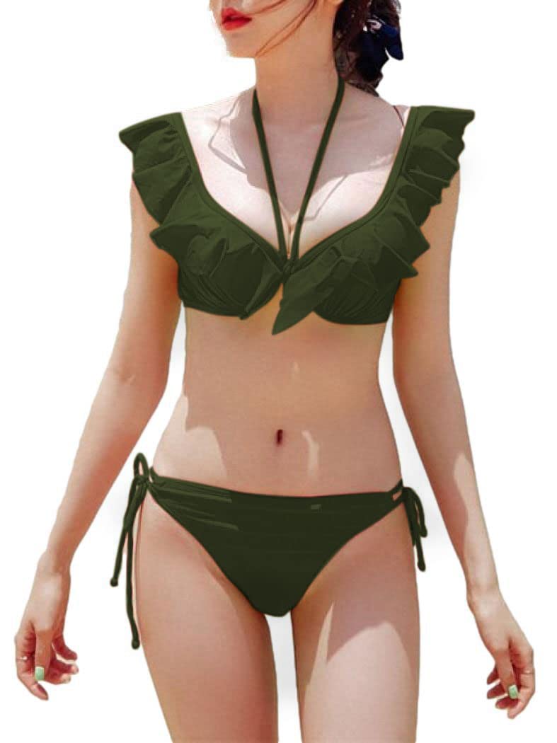 【送料無料】 CY8 アスタ ビキニ 水着 フリル Vネック スイムドレス パッド入り ワイヤーあり レディース 色：アーミーグリーン、サイズ：XL