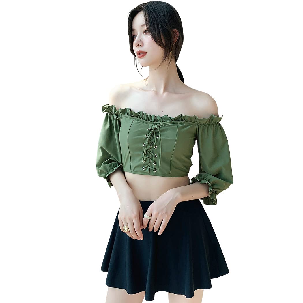 【送料無料】 水着 レディース オフショルダー フリル レースアップ ビキニ スカート 短パン 3点セット..