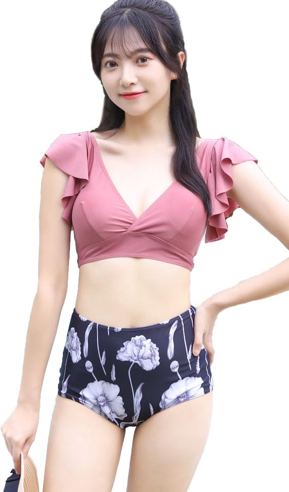 【送料無料】 ビキニ 水着 レディース 花柄 フリル レース 上下2点セット ビキニセット 女性用水着 海水浴 温泉 水泳 色：ダークピンク、サイズ：M
