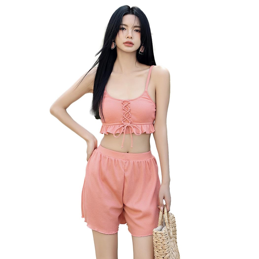 【送料無料】 水着 レディース ビキニ キャミソール風 フリルヘム レースアップ ショートパンツ 3点セ..