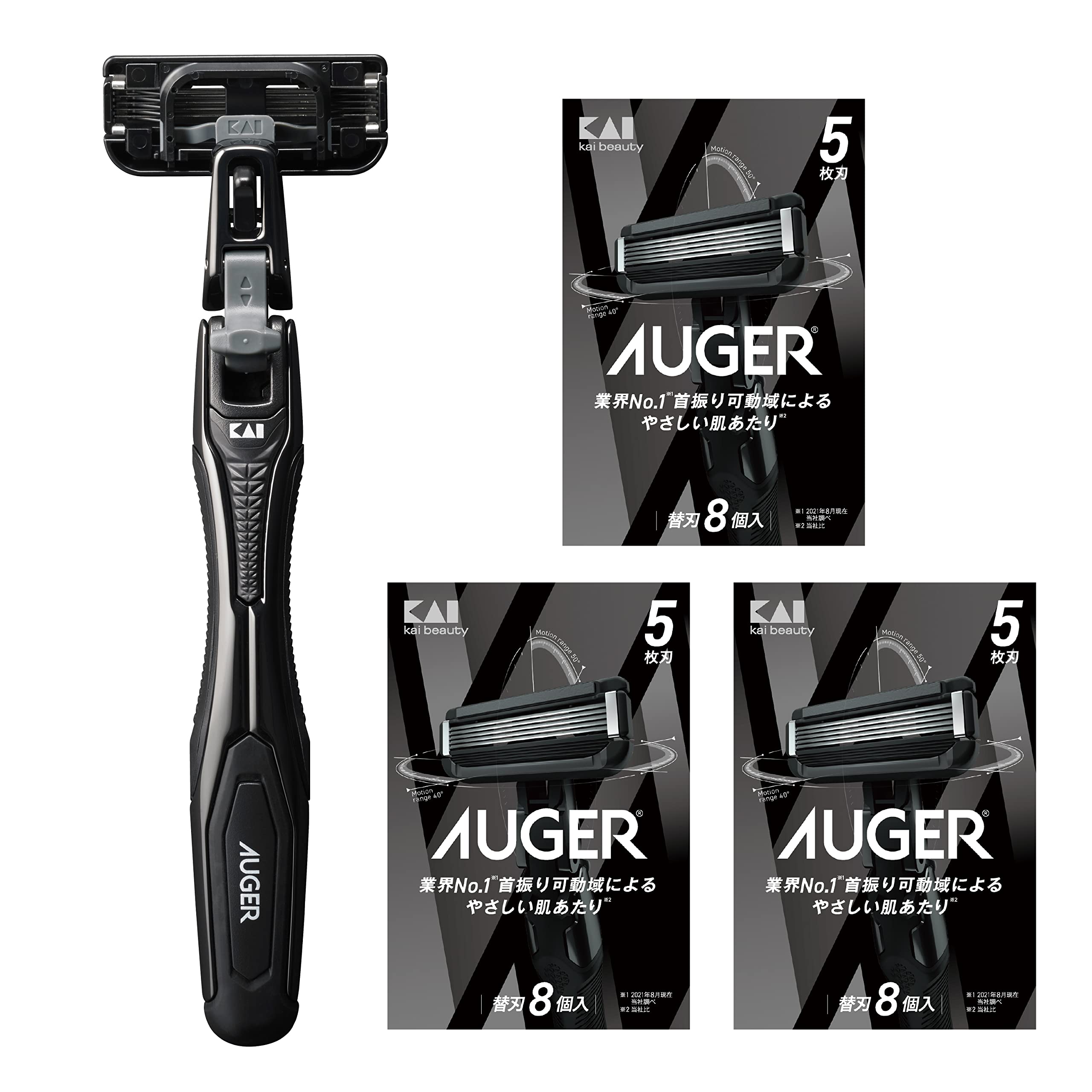 【送料無料】貝印 AUGER オーガー カミソリ セット 替刃 シェービングジェル 剃刀 T字 髭剃り 5枚刃 色：ブラック