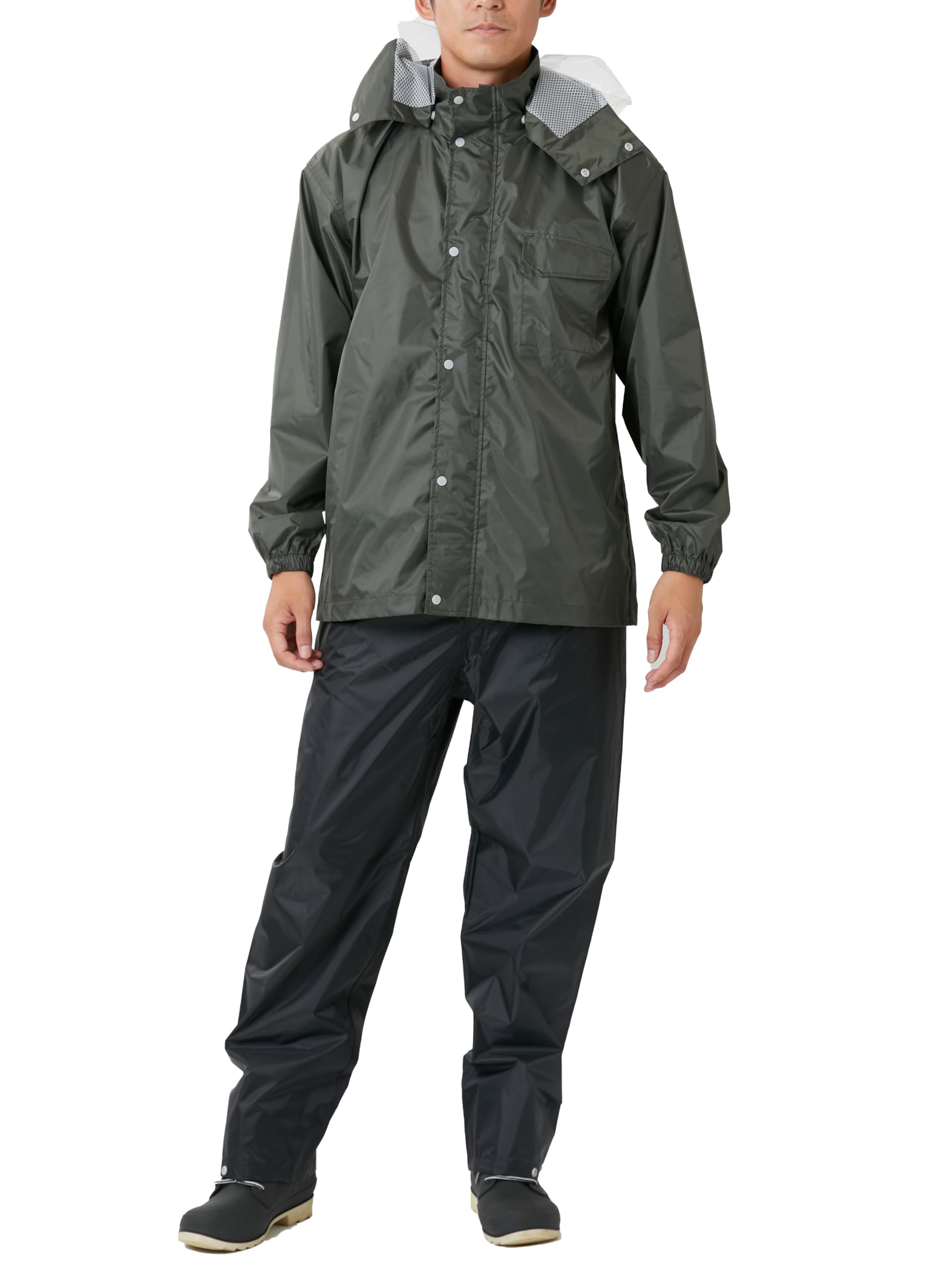 【送料無料】[ウィンターチェリー] レインウェア 上下セット 防水 総裏メッシュ ディフェンドレインスーツ メンズ 色：カーキ、サイズ：LL(4)