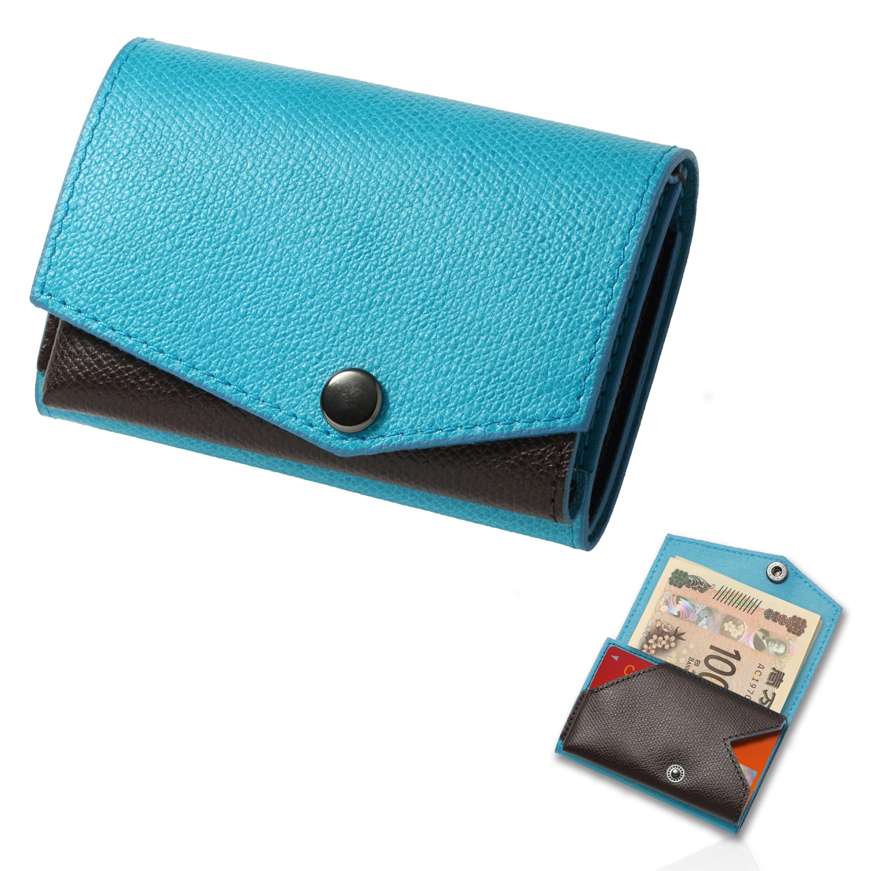 【送料無料】[アブラサス] 小さい財布 メンズ レディース 財布 日本製 本革 色：ターコイズ × チョコ、サイズ：60mm 90mm
