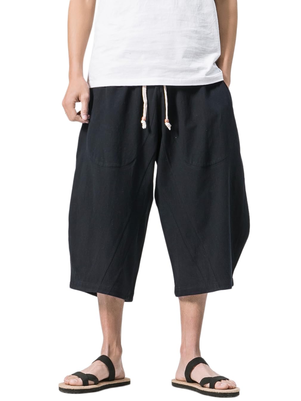【送料無料】[ヴィンモリ] メンズ サルエルパンツ ミディアムパンツ 半パンツ 袴パンツ 7分丈 クロップドパンツ ズボン ショートパンツ ゆったり ワイドパンツ 夏 無地 調整紐 大きいサイズ 色：黒（後ポケットがある）、サイズ：5XL