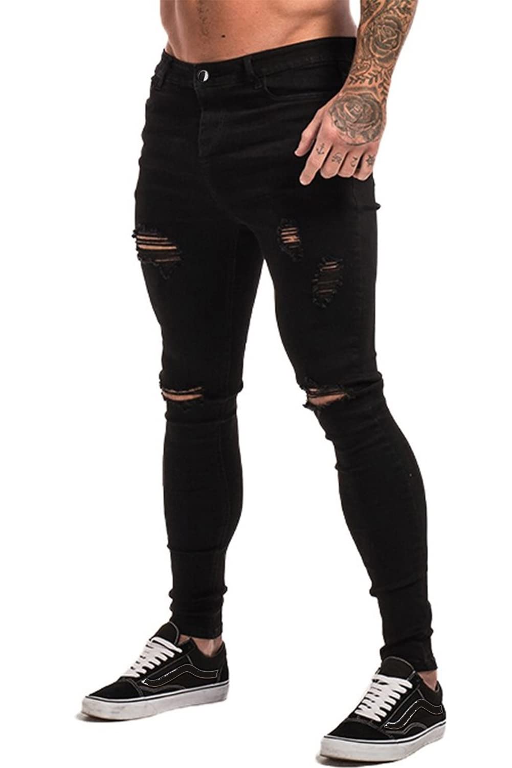 【送料無料】[GINGTTO] ジンット ダメージジーンズ メンズ すきにーぱんつ ストレッチ デニムパンツ 色：ブラック、サイズ：W32 / L30