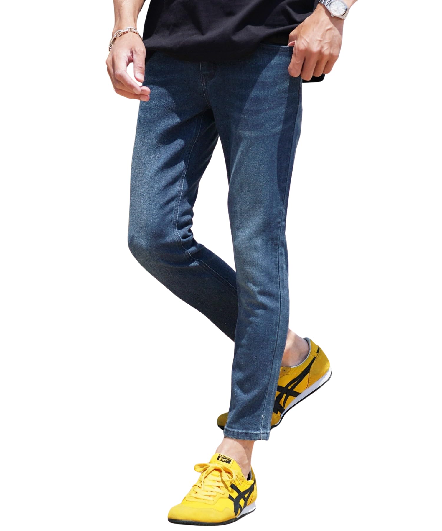 【送料無料】[JIGGYS SHOP] ジギーズショップ テーパード スキニー デニムパンツ｜ストレッチ 伸縮性 メンズ ボトムス 黒 白 紺 青 春服 秋服 アンクルパンツ フルレングス 無地 細身 スキニーパンツ スキニーデニム 色：Bインディゴ、サイズ：L