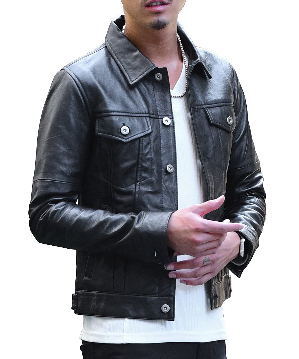 【送料無料】【本革】レザージャケット ライダースジャケット メンズ 革ジャン 本革ジャケット シングルライダース ダブルライダース リアルレザー リプロダクトレザー (ジョーカー) 色：Gジャンタイプ、サイズ：L