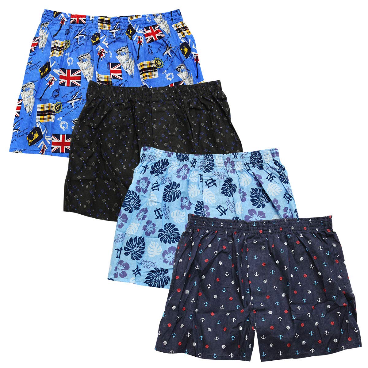 【送料無料】[ステイランド] トランクス 綿100% 4枚セット 6枚セット 前開きボタン付き メンズ 色：プリント柄4枚セット、サイズ：M