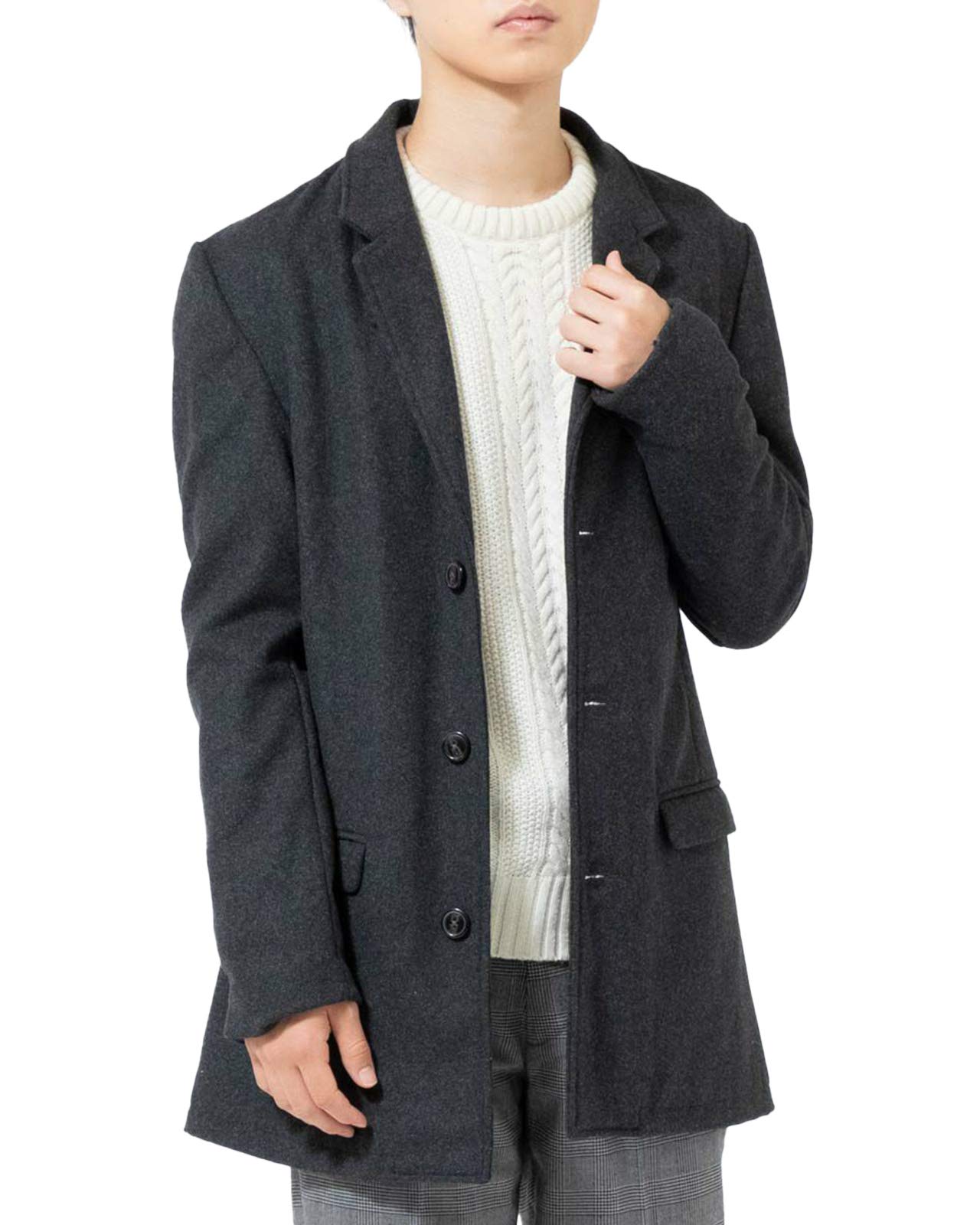 【送料無料】メンズ チェスターコート メルトン ロングコート ビジネス アウター ビジネスカジュアル 防寒 色:チャコール、サイズ:M