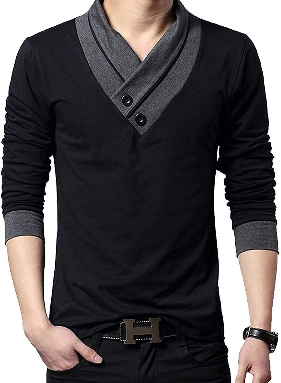 【送料無料】[ Make 2 Be ] スリム Vネック 長袖 半袖 Tシャツ カットソー ツートンカラー 綿100% スカーフ風 カジュアル シャツ MF01 色：01#Black、サイズ：XL