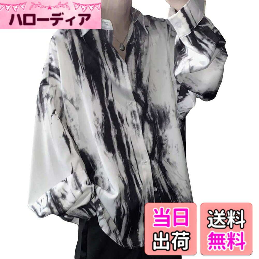 【送料無料】BeiBang(バイバン)メンズ 長袖 シャツ ポロネック カジュアル シャツ プリント おしゃれ 総柄シャツ ゆったり 襟付き ワイシャツ ビック ファッション トップス タイダイ染 色：ホワイト、サイズ：L