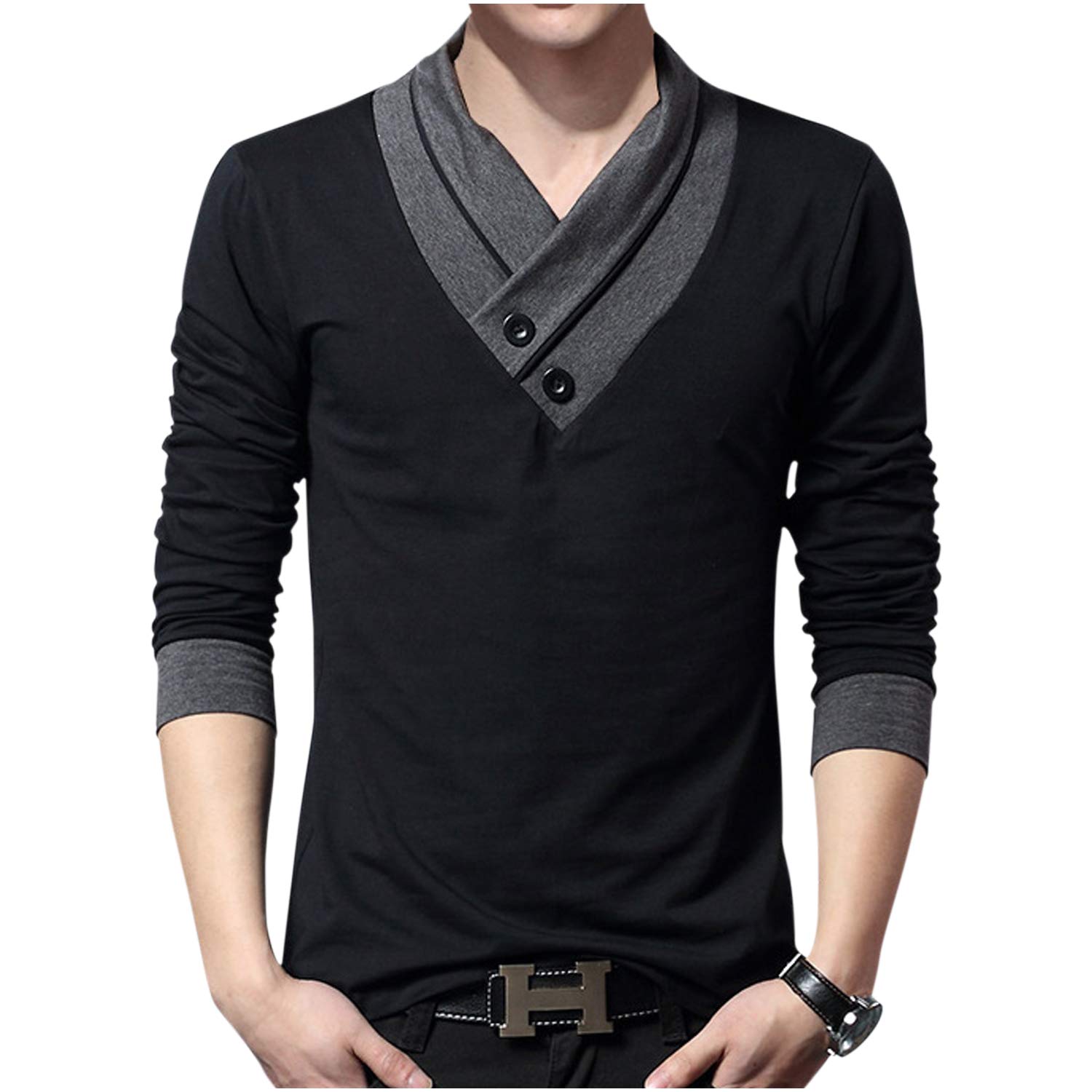 【送料無料】[ゴスファング] カットソー 長袖 半袖 モノトーン デザイン襟 カシュクール風 大人 シック 秋物 冬服 M ~ 3XL メンズ 色：ブラック(長袖)、サイズ：L