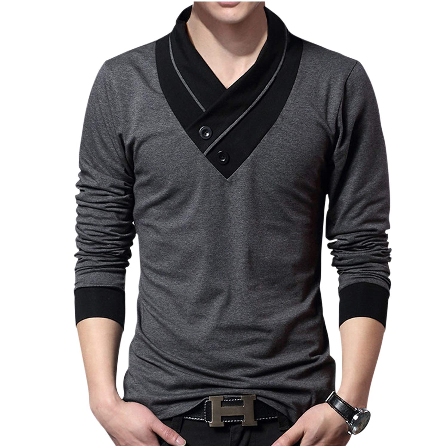 【送料無料】[ゴスファング] カットソー 長袖 半袖 モノトーン デザイン襟 カシュクール風 大人 シック 秋物 冬服 M ~ 3XL メンズ 色：グレー(長袖)、サイズ：L