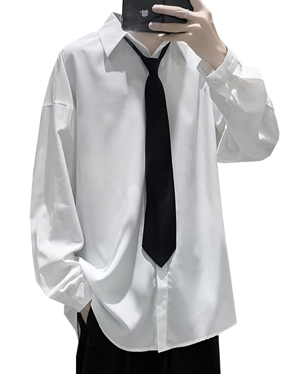 【送料無料】[ShuMing]シャツ メンズ 長袖 ネクタイ付き カジュアルシャツ ゆったり トップス ビッグシルエット メンズシャツ オーバーサイズ 無地 白 春 おしゃれ 色：ホワイト、サイズ：M