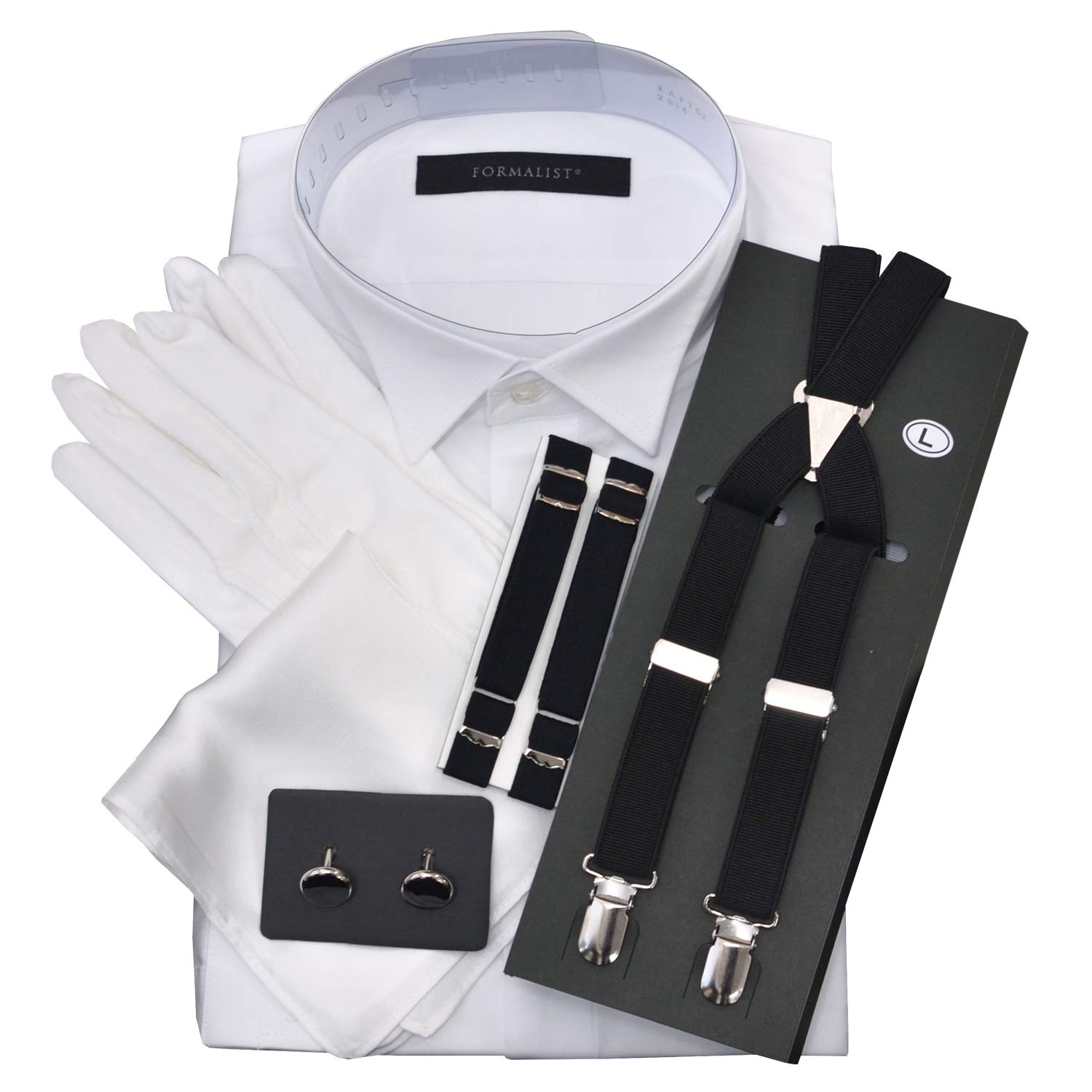 【送料無料】[タキシードステーション] ウイングカラーシャツ小物6点セット【最強コスパ】 チーフ（白プレーン）、カフスボタン黒、サスペンダー、アームバンド、手袋 色：ホワイト、サイズ：首41cmゆき丈82cm