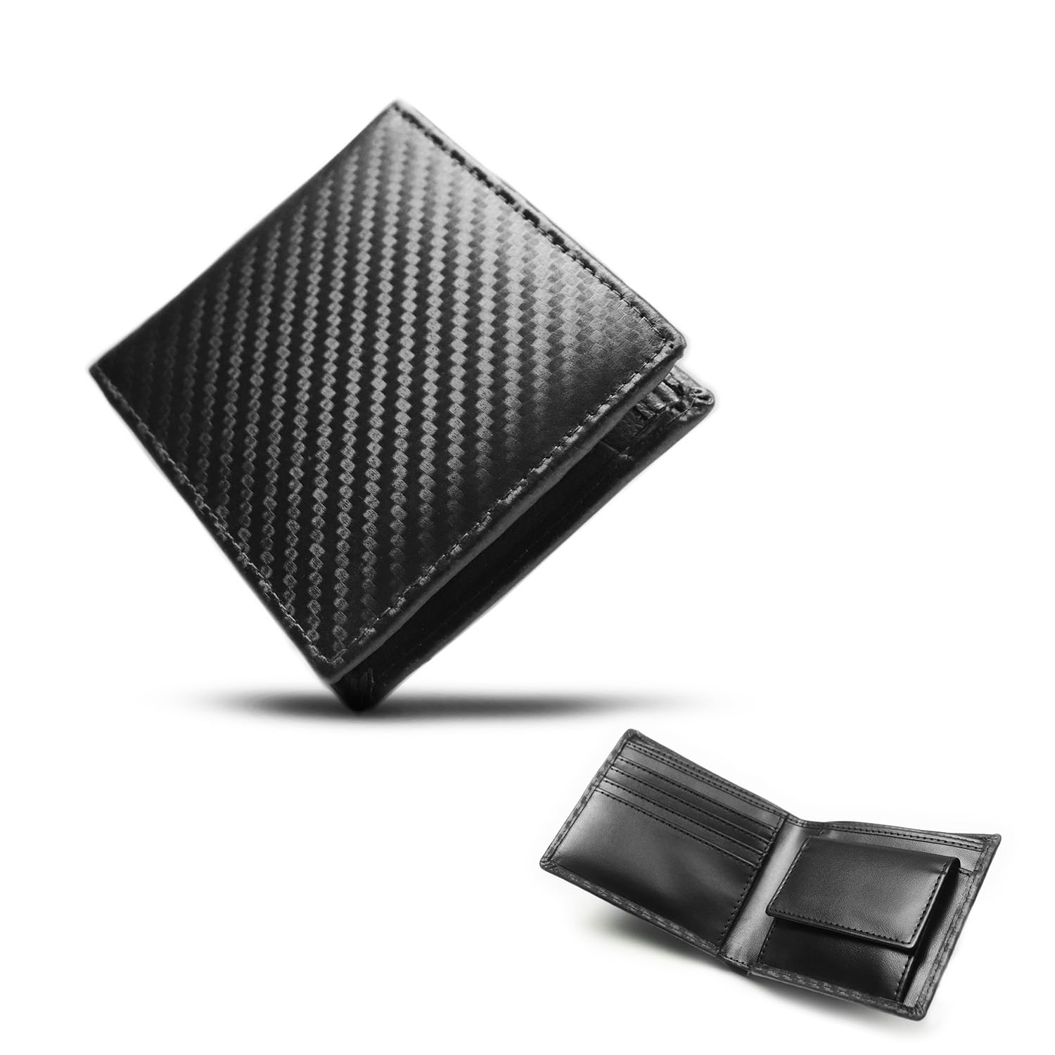 商品情報商品の説明主な仕様 【素材】表：牛革　　裏：合成皮革　　原産国：インド【仕様】 札入れ×2　小銭入れ×1　カード入れ×4　収納スペース×2【サイズ】縦9.5cm×横11.0cm×厚さ2.0cmbr【魅せる！本革二つ折り財布】二つ折り財布の魅力はコンパクトでどこでもしまいやすい点です。財布を入れるための鞄も不要になり、余計な荷物も減り、身軽に行動できることも魅力です。デザインは「カーボンレザー・カード小銭入れ」仕様にカード入れ特化の「カーボンレザー・16カード」仕様も追加。デザインも「イタリアリーグ・カード＆小銭入れ」仕様も新たに追加。計3デザインからお選びいただけます。【Design1：カーボンレザー】上面に極細のカーボンパターンフィルムを熱圧着しカーボンを表現。美しくシンプルでどんなシチュエーションでも鮮やかに映えます。また耐摩耗性、耐光性、耐熱性を持ち、さらに汗や水等に晒されてもしっかりグリップできる特性があります。【Design1カード＆小銭】カード、小銭、札がすべて入る万能＆定番仕様。なんでもしまえて、そしてコンパクトだからどんな時でも強い味方に。