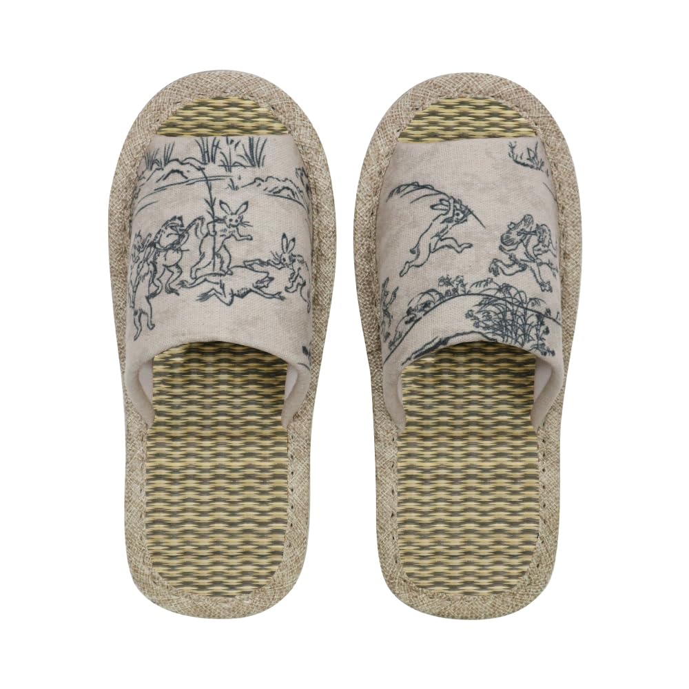 【送料無料】[FASPROJECT] 夏 スリッパ 畳インソール 麻の葉 青海波 矢絣 鳥獣戯画 浮世絵 (レディース メンズ M L) 外縫い ルームシューズ 生地 和柄 涼しい 女性 婦人 男性 紳士 色：8.鳥獣戯画B/ベージュ(M)、サイズ：M