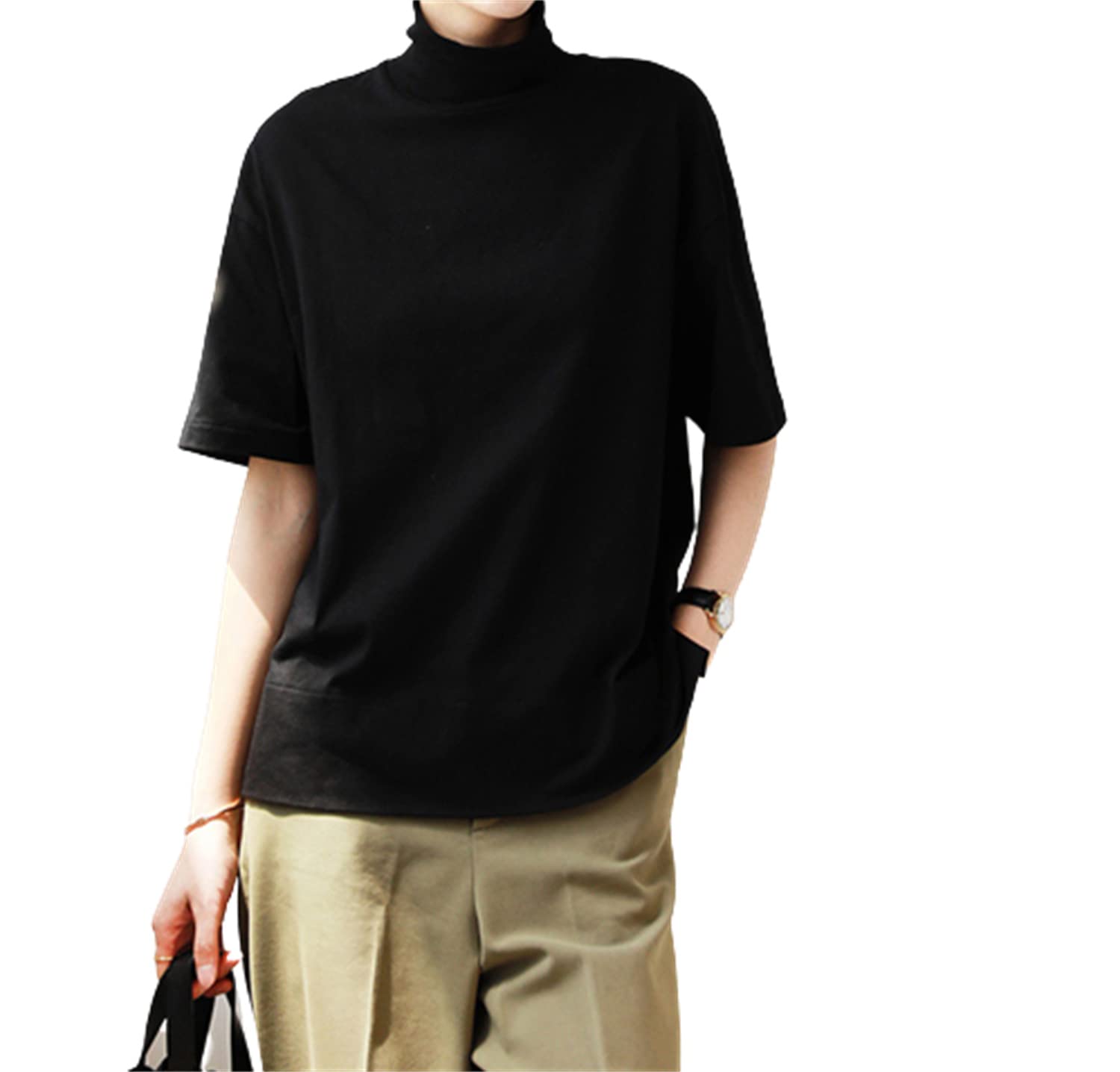 【送料無料】[kisetsumate] 接触冷感 涼しい コットンtシャツ レディース ハイネックトップス 半袖tシャツ 春 夏 秋 ボトルネックドロップショルダー カットソー 綿100% 夏服 ゆったり 首元保護 uvカット おしゃれ カジュアル 色：ブラック、サイズ：2XL