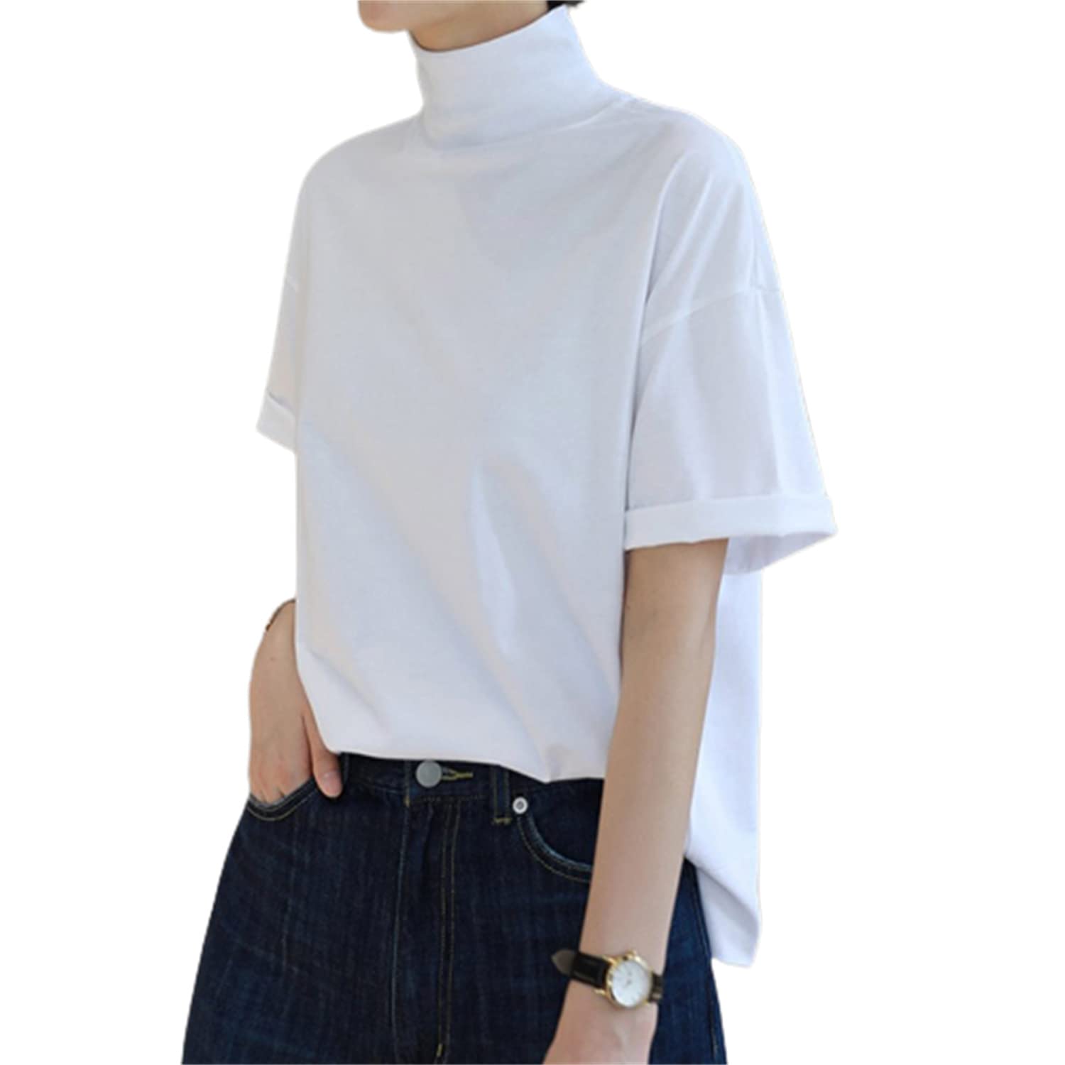 【送料無料】[kisetsumate] 接触冷感 涼しい コットンtシャツ レディース ハイネックトップス 半袖tシャツ 春 夏 秋 ボトルネックドロップショルダー カットソー 綿100% 夏服 ゆったり 首元保護 uvカット おしゃれ カジュアル 色：ホワイト、サイズ：2XL