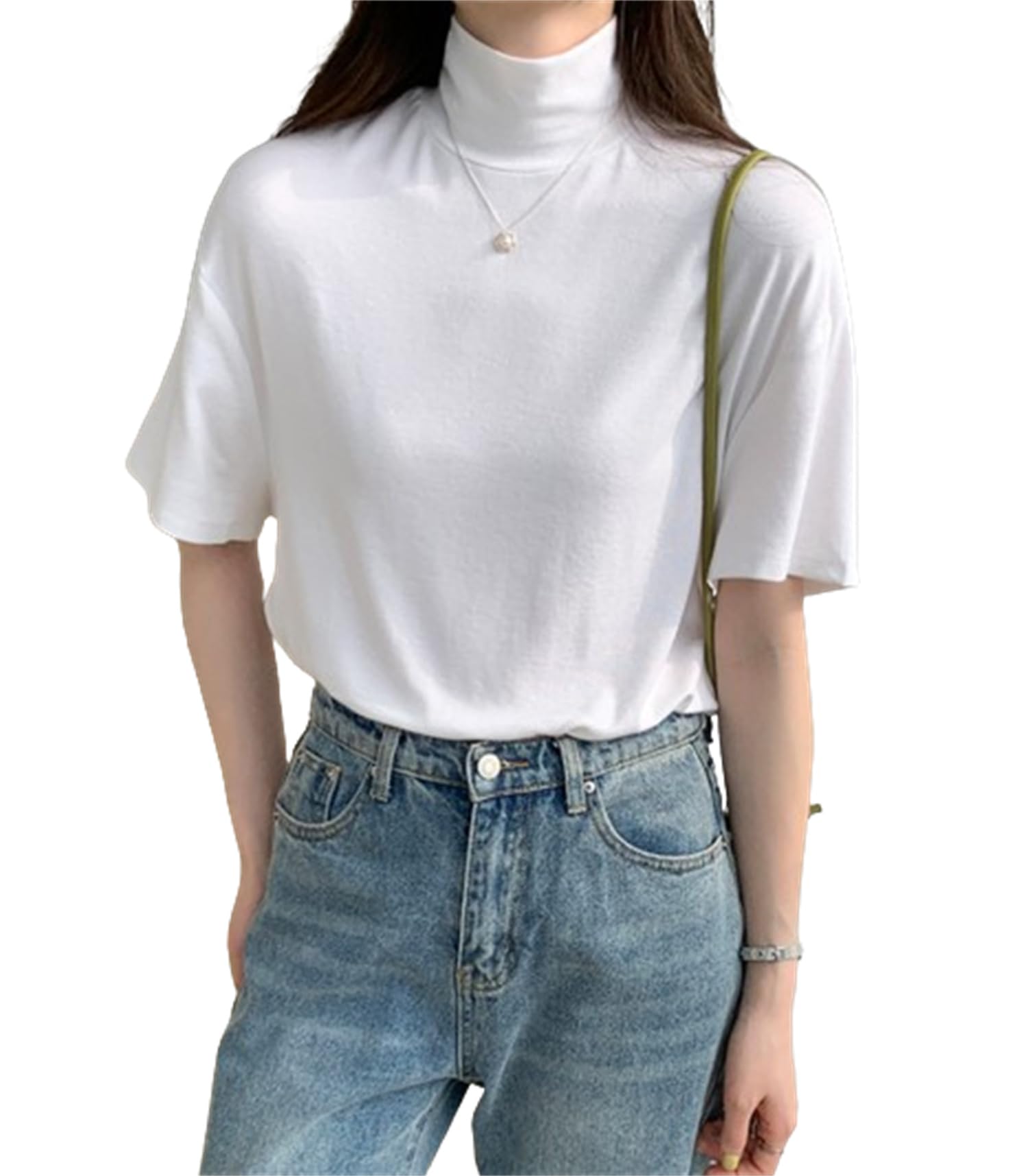 【送料無料】[kisetsumate] 綿 Tシャツ 半袖tシャツ ハイネックtシャツ レディース トップス コットン tシャツ 夏 カジュアル カットソー uvカット 半袖シャツ 夏服 春 夏 秋 インナー ゆったり おしゃれ 着痩せ 紫外線対策 色：ホワイト、サイズ：L