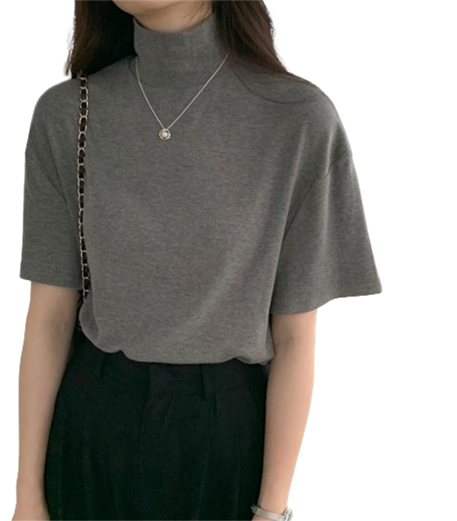 【送料無料】[kisetsumate] 綿 Tシャツ 半袖tシャツ ハイネックtシャツ レディース トップス コットン tシャツ 夏 カジュアル カットソー uvカット 半袖シャツ 夏服 春 夏 秋 インナー ゆったり おしゃれ 着痩せ 紫外線対策 色：グレー、サイズ：L