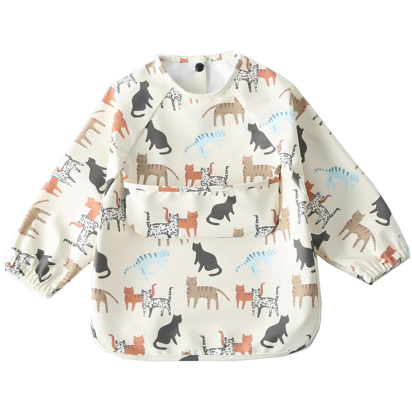 楽天ハローディア楽天市場店【送料無料】[kalavika] お食事エプロン ベビー 長袖 食事スタイ 袖付き 離乳食 エプロン 赤ちゃん 食事用エプロン 防水 スモック 子供 キッズ 女の子 男の子 0歳 1歳 2歳 3歳 4歳 5歳 保育園 入園準備 出産祝い 色：カラフル ネコ、サイズ：L