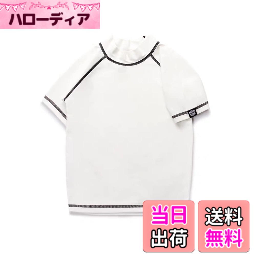 商品情報商品の説明主な仕様 【キッズ用ラッシュガード】夏の紫外線にも負けないの半袖ラッシュガード。「長袖だと暑くて嫌がる」そんなキッズもこれならTシャツ感覚で気軽に脱ぎ着できるのでおすすめです。水の中での着用はもちろん、水場でのレジャーシーンにもおすすめ。【日焼け・肌荒れ対策に】素材はナイロン82％、ポリウレタン18％使用。紫外線遮光率95％以上の最高ランクの生地なので、日焼けからしっかり肌を守ってくれるラッシュガードなので、水場でたくさん動き回りたい元気なお子さんにおすすめ。【お着替えも楽々】伸縮性の高い素材を使用しているから体にフィットし着脱しやすいです。柔らかい素材を作っていて、締め付け感が苦手な子どもにぴったりです。半袖ではありますが、首元までしっかりと覆ってくれるデザインです。【水陸両用】水陸兼用の汎用性が高い切替デザインのスイムウェアです。速乾性に優れ、さらっとした快適な肌触りが魅力。水遊びはもちろん、キャンプやBBQ、ふだんの公園遊びなど幅広いシーンで使える優れものです。【商品仕樣】素材：ナイロン、ポリウレタン 参考サイズ：100(身長：90-100cm)、110(身長：100-110cm)、120(身長：110-120cm)、130(身長：120-130cm)、140(身長：130-140cm)、150(身長：140-150cm)。サーフパンツのご用意もございますので、よろしければご覧になって下さい。