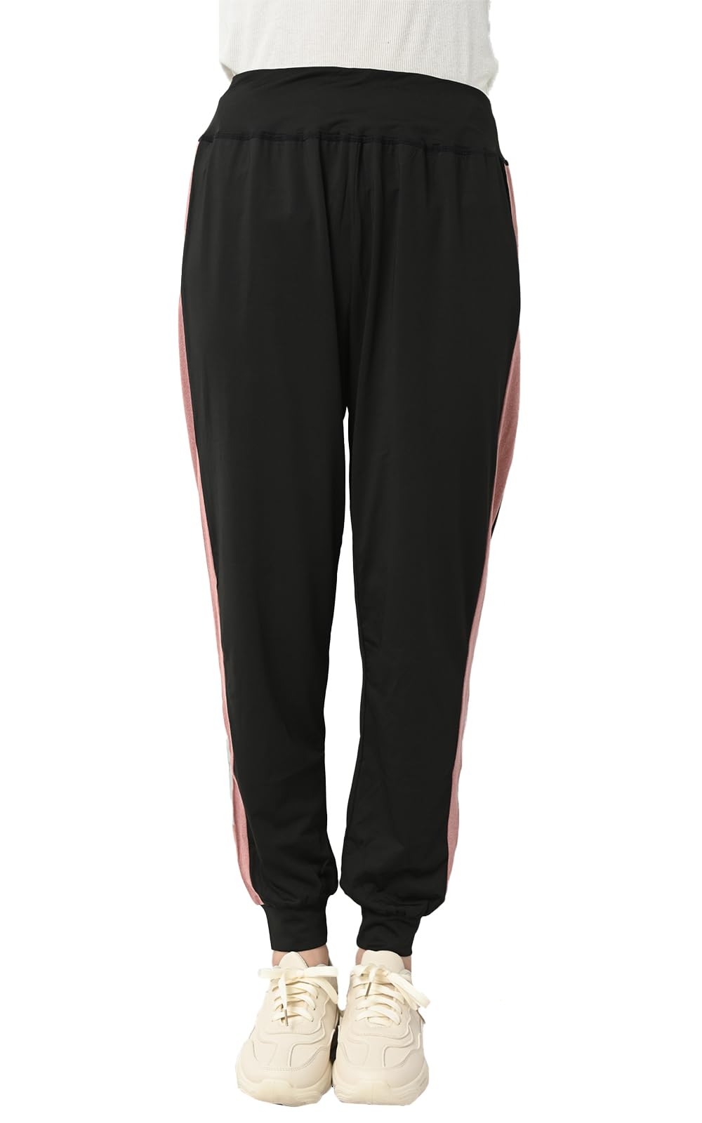 【送料無料】[JANJAM]大きいサイズ レディース ジョガーパンツ 10分丈 ジャージパンツ サイドライン ボトムス スポーツウェア 色：ピンク、サイズ：LL