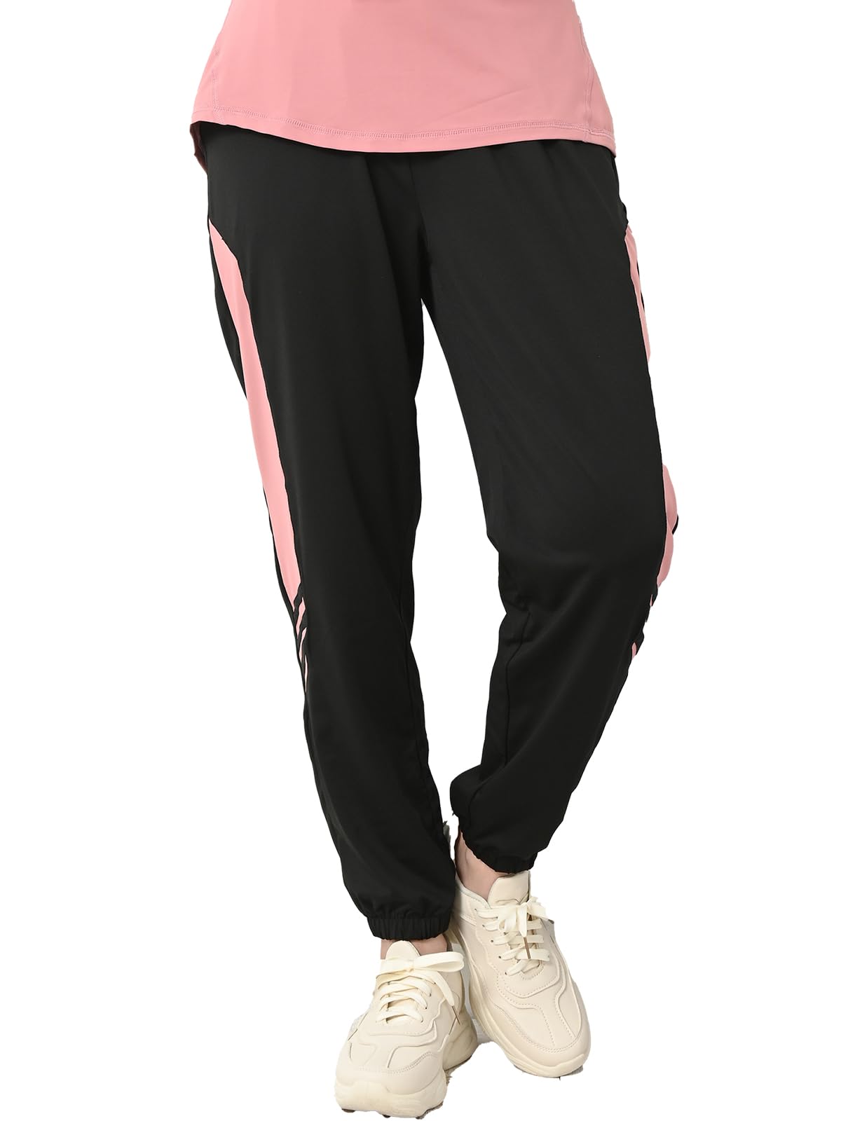 【送料無料】[JANJAM]大きいサイズ レディース ジョガーパンツ 10分丈 ウエストゴム サイドライン ボトムス スポーツウェア 色：ピンク、サイズ：LL