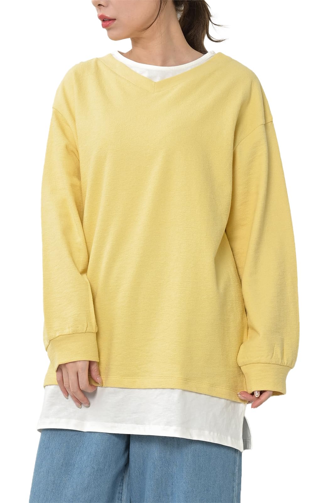 【送料無料】[JANJAM] 大きいサイズ レディース 重ね着風チュニック 長袖 切り替え Vネック フェイクデザイン トップス 色：イエロー、..