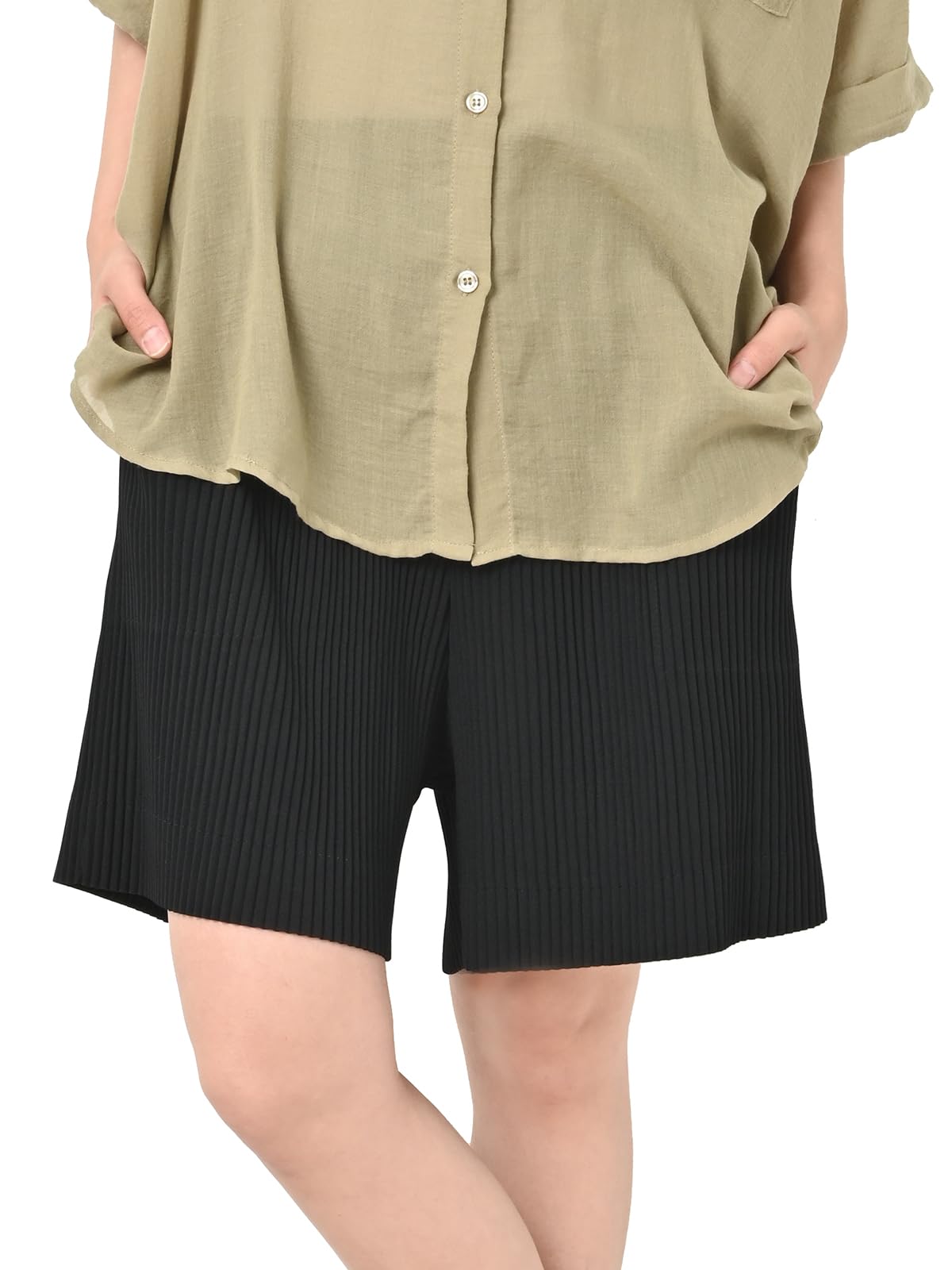 【送料無料】[JANJAM] 大きいサイズ レディース プリーツパンツ ショートパンツ ウエストゴム 無地 ボトムス 色：ブラック、サイズ：5L